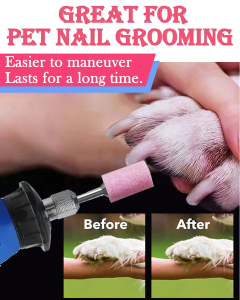 Pet nail grooming tool grinding pink cylindrical stone with before and after paw images showing smooth finish.