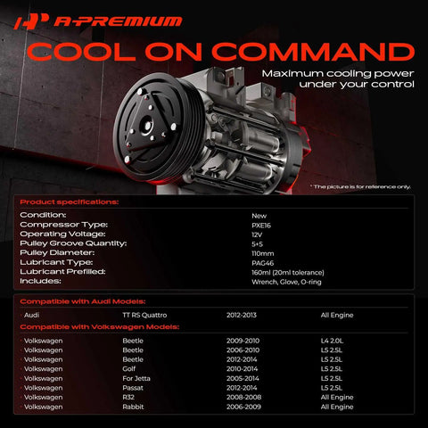 Badass AC Compressor With Clutch Built Tough For Quick VW Jetta And Beetle Cooling Fits 2005-2014 Models, PXE16 specs shown.
