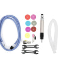 Built Like A Tank Air Micro Die Grinder With Triple Bearing Shaft And Pure Copper Motor Providing Ridiculous 60000 Rpm Spin accessories set including flexible hose, wrenches, and abrasive discs.