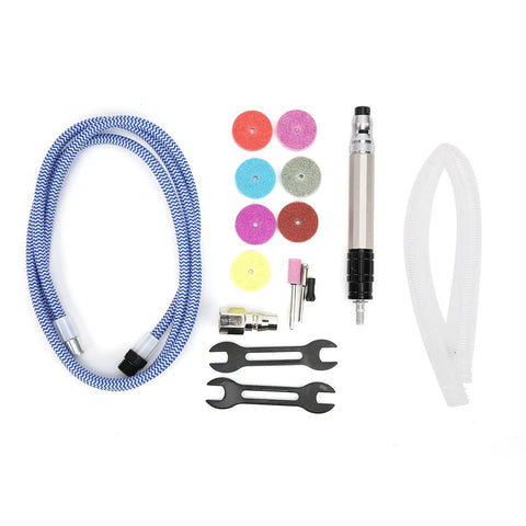 Built Like A Tank Air Micro Die Grinder With Triple Bearing Shaft And Pure Copper Motor Providing Ridiculous 60000 Rpm Spin accessories set including flexible hose, wrenches, and abrasive discs.