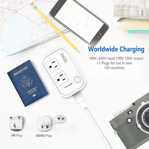 Voltage Converter 220V To 110V Travel Step Down With 4 USB Charging Ports And Universal Adapter next to travel items on table