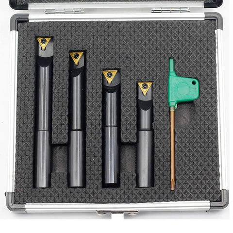 Half Inch Round Shank Boring Bar Set With 90 Degree Indexable Carbide Inserts TCMT21.51 TCMT110204 in case with wrench