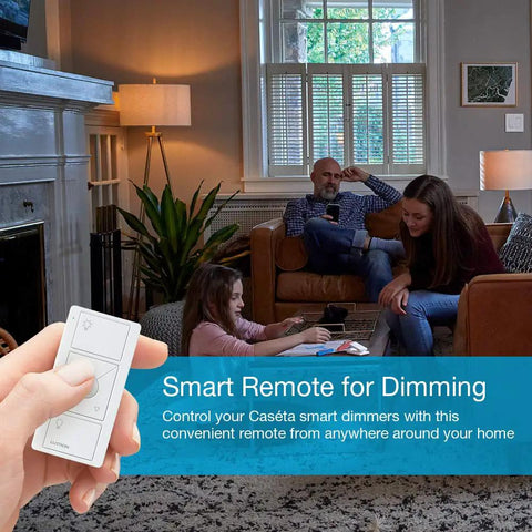 Family using Caseta Wireless Pico Remote Wall Mount Kit For 3 Way Smart Dimmer Setups in living room, hand holding remote.