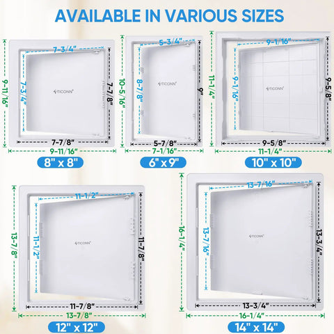 Kickass Eight By Eight Inch Abs Drywall Access Panel With Smooth Paintable Finish And Rock Solid Durability shown with various sizes.