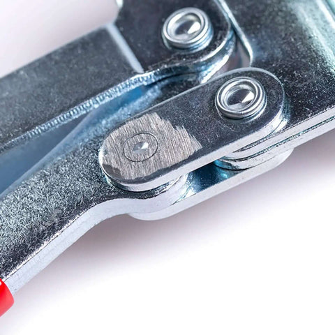 Close-up of a galvanized metal part of the Beefy Heavy Duty Horizontal Toggle Clamp With Quick Release Large Hold Down Clamp 95 x 65 x 36 Cm 37 x 25.6 x 14.1 In Ideal For Woodworking Metalworking And DIY Projects High Capacity Clamp.