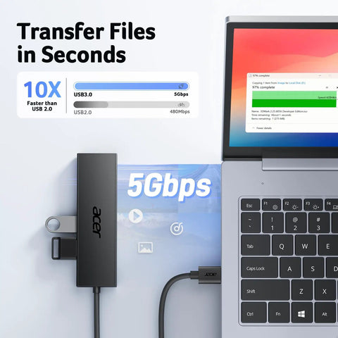 Four Port USB 3.0 Hub With 5Gbps Transfer, Laptop And PC Extender, connected to laptop displaying file transfer speed.