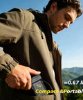 Man placing High Speed 150000 RPM Electric Air Duster in jacket pocket, showcasing compact design for portable use.