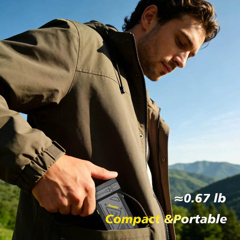 Man placing High Speed 150000 RPM Electric Air Duster in jacket pocket, showcasing compact design for portable use.