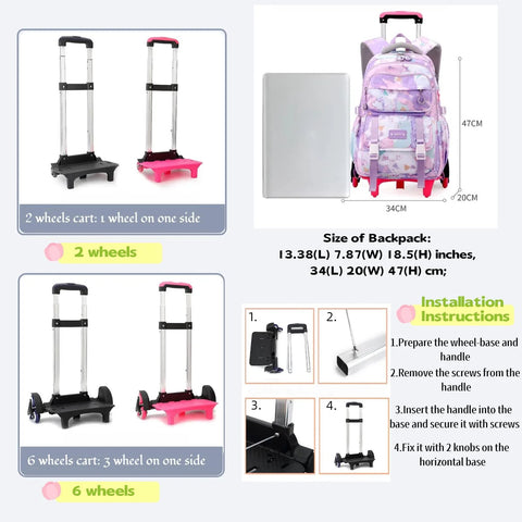 2 Wheel Rolling Backpack For Kids For School And Travel Lightweight Durable Primary Students Roller Bag With Wheels For Girls And Boys Black Perfect For Books School Supplies Camp Sports And Weekend Trips shown with size and installation guide.