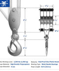 Diagram of Ultra Compact Rope Hoist with 8 to 1 Lift Upgraded 4 Wheel Block And Tackle System, showcasing dimensions and components.