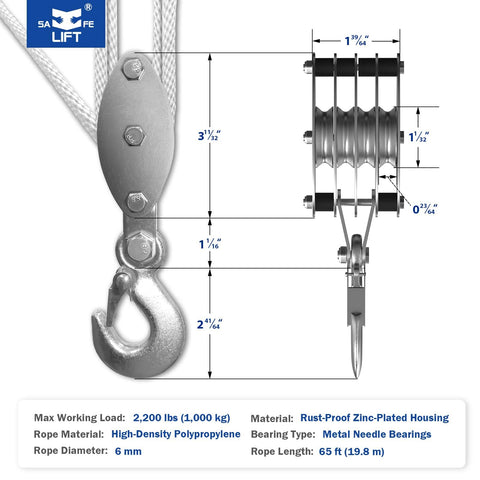 Diagram of Ultra Compact Rope Hoist with 8 to 1 Lift Upgraded 4 Wheel Block And Tackle System, showcasing dimensions and components.