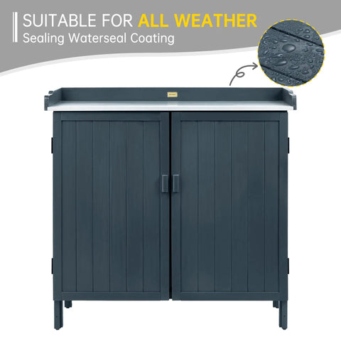 Outdoor Storage Cabinet With Potting Bench And Metal Tabletop For Garden And Patio, Weatherproof Wooden Planting Workstation