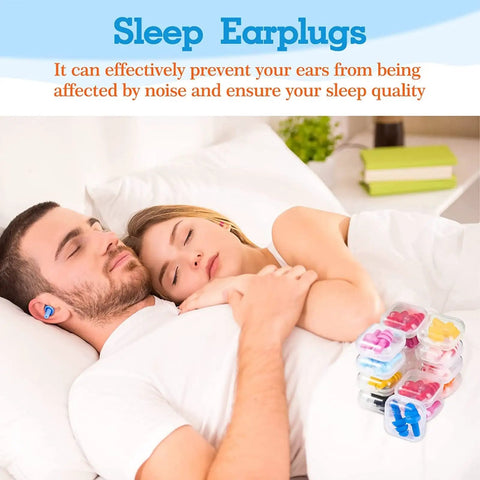 Couple sleeping with 200 Pairs Silicone Ear Plugs Bulk With 10 Assorted Colors And Carry Cases For Sleeping, Noise Canceling