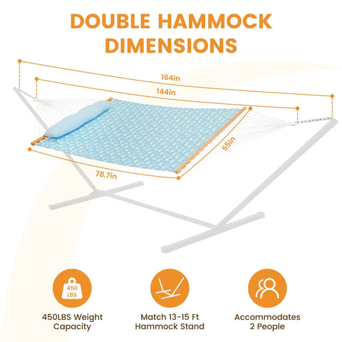 Image showing dimensions of Two Person 12Ft Quilted Fabric Hammock With Soft Pillow For Outdoors Patio Poolside Beach Cozy Hangout With Spreader Bar And 450 Lbs Capacity Coastal Floral Style.