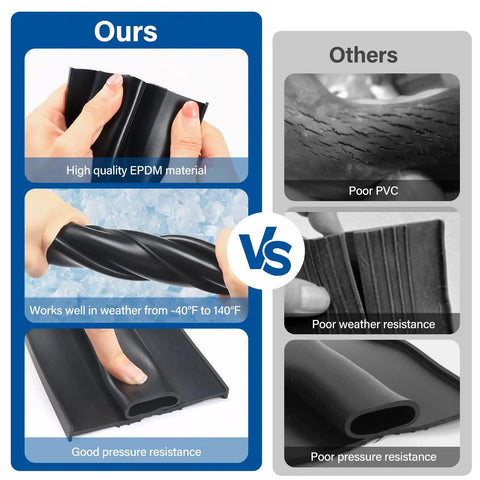 Comparison of Garage Door Weather Stripping Kit With U And O Ring Seals, showing EPDM material vs. PVC quality differences.