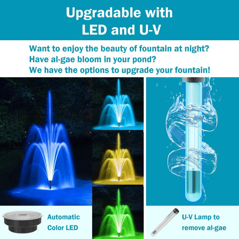 All In One Koi Pond Pump Kit For Outdoor Ponds 200-350 Gallons, 400 GPH Fountain Pump with LED and UV upgrade options shown