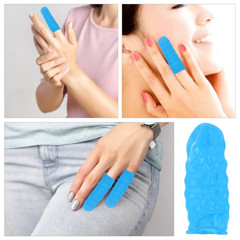 Built Tough 100 Piece Blue Nitrile Anti Static Sleeve Protectors For Tech Repair And Cleanroom Grind Reusable Finger Guards shown on hands.