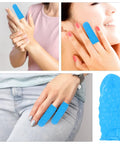 Top Tier Blue Butyronitrile Finger Sleeves 100 Count Anti Static Hand Guards shown on fingers during use and held in hand.
