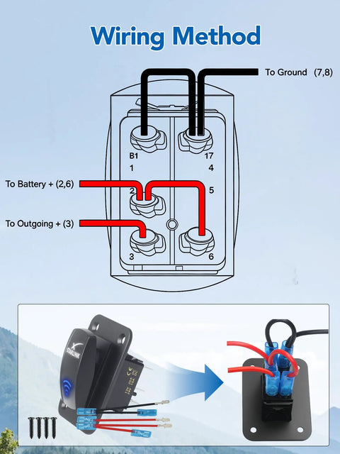 Wiring diagram for Rocker Switch With Aluminum Mounting Panel, IP68 Waterproof Five Pin SPST On Off Toggle, 20A 12V And 24V