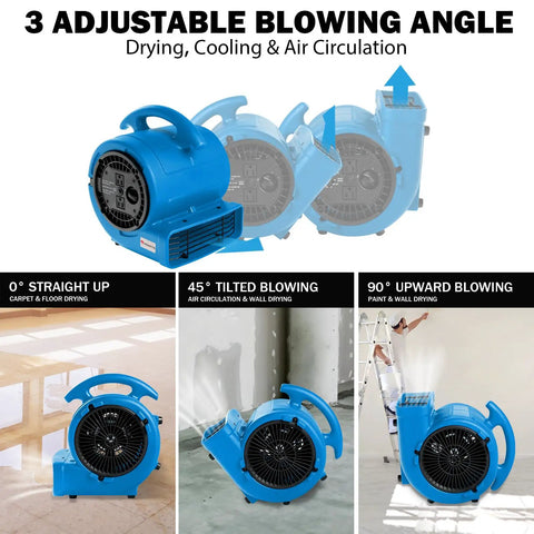 3 adjustable angles of High Velocity Air Mover Blower Fan For Drying Floors And Carpets 800 CFM 1/5 HP Three Speed Dual Outlet
