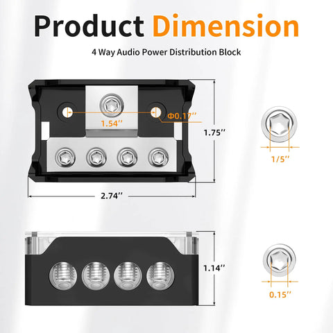 Dope Four Way Car Audio Ground Distribution Block Kit With 0 2 4 Gauge Input And 4 8 10 Gauge Output Amp Ground Splitter Two Pack With Cover For Easy Heavy Duty Power Distribution dimensions, black metal block with cover