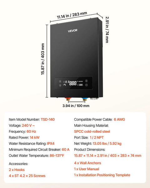 Instant Tankless Electric Water Heater 14 Kilowatt 240 Volt On Demand Hot Water Unit dimensions and specifications on white background