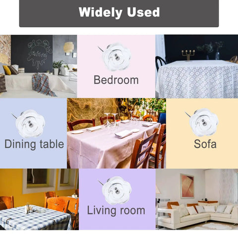Fifty Piece Upholstery Twist Pins Featuring Slick Clear Rose Heads And Compact Storage Box displayed in various room settings.