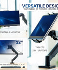 Level Up Your Workspace With This Height Adjustable Counterbalance Desk Mount For Tablets And 15 6 Inch Two In One Laptops Slick Spring Loaded Arm Rock Solid Grip Smooth Glide Finish Black showing a versatile setup for monitors and tablets.