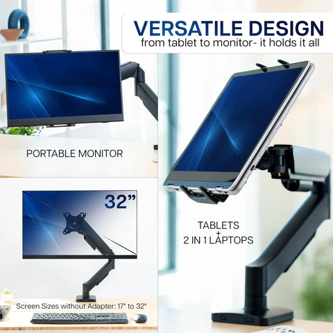 Level Up Your Workspace With This Height Adjustable Counterbalance Desk Mount For Tablets And 15 6 Inch Two In One Laptops Slick Spring Loaded Arm Rock Solid Grip Smooth Glide Finish Black showing a versatile setup for monitors and tablets.