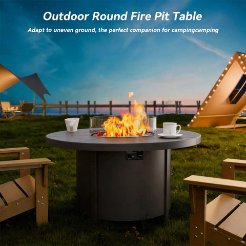48 Inch Round Propane Fire Pit Tabletop Outdoor Heater With Auto Ignition 55000 BTU CSA Certified in a backyard setting