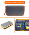 Closed and open views of Blue All In One Soldering And Desoldering Kit With Multimeter 60W Adjustable Iron in a leather storage bag