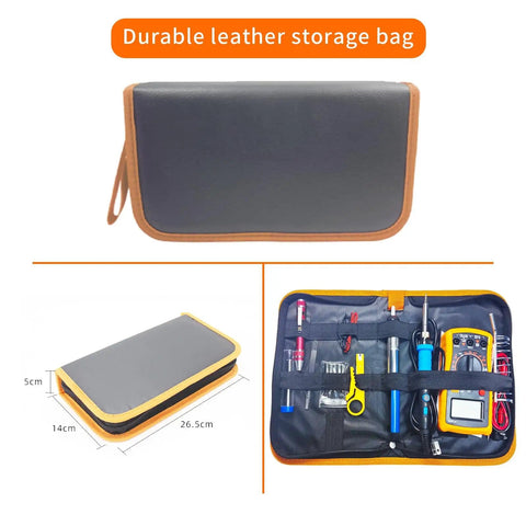 Closed and open views of Blue All In One Soldering And Desoldering Kit With Multimeter 60W Adjustable Iron in a leather storage bag