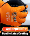 Close-up of winter waterproof work gloves for men, insulated cold weather gear in 0 C and 32 F, grippy latex-dipped exterior.