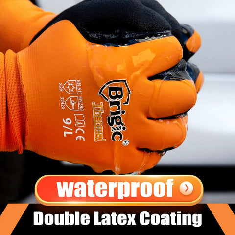 Close-up of winter waterproof work gloves for men, insulated cold weather gear in 0 C and 32 F, grippy latex-dipped exterior.