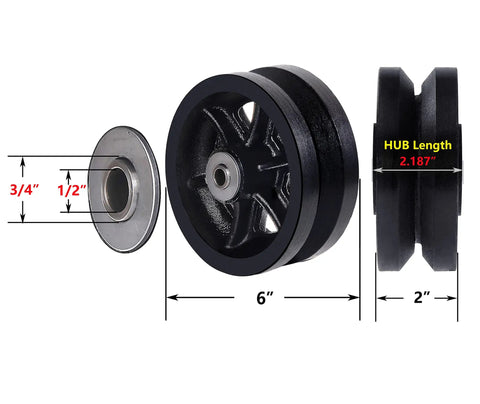 Tough As Nails Six Inch By Two Inch Cast Iron V Groove Caster Wheel Featuring Straight Roller Bearings and One Thousand Pound Load Limit, showing dimensions.