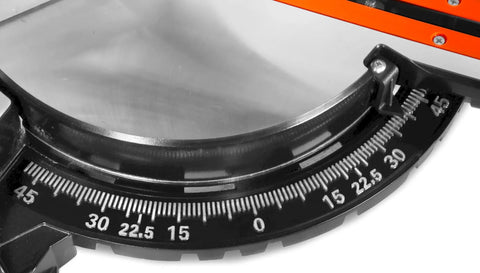 Close-up of angle gauge on 15 Amp 12 Inch Dual Bevel Sliding Compound Miter Saw With Laser And Carbide Blade Built For Pros And Weekend DIYers