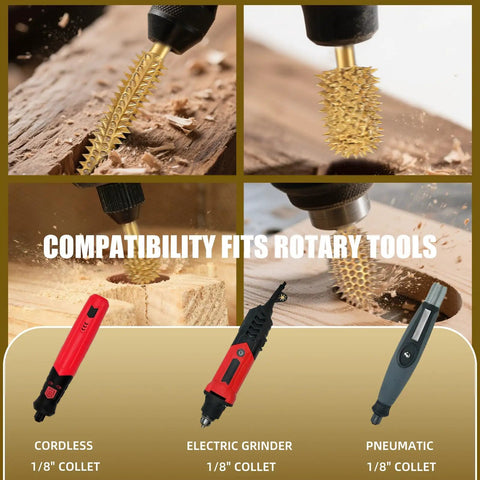 Heavy Duty Titanium Coated Rotary Burr Set Beefy Carbide Bits For Wood Carving 4 Piece 1/8 Inch Coarse rotary tool compatibility displayed with tools.