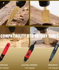Heavy Duty Titanium Coated Rotary Burr Set Two Piece Coarse Carbide Wood Carving Kit in use with various rotary tools.