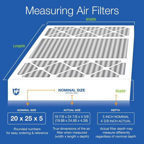 Diagram of Two Pack 20X25X5 MERV 12 Plus Carbon Air Filters for HVAC, Honeywell replacement, actual size 19 7/8 x 24 7/8 x 4 3/8.