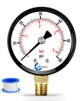 CARBO Instruments water pressure gauge front view with 1/4 in NPT brass connection, dual bar/psi scales, white dial.