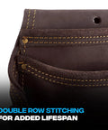 Close-up of Premium Leather Electrician Tool Pouch with Ten Pockets Tape Holder and 3 Inch Belt Loop showing double stitching