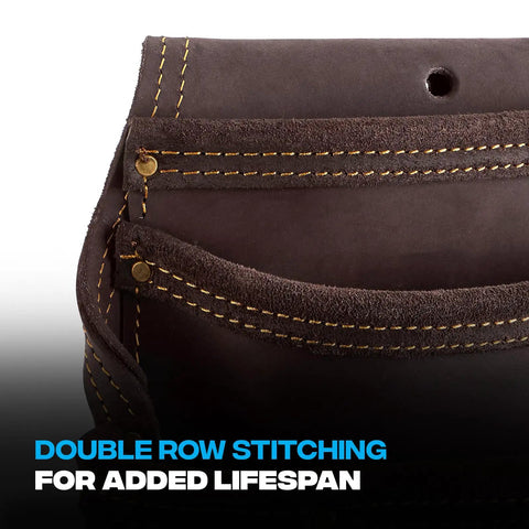 Close-up of Premium Leather Electrician Tool Pouch with Ten Pockets Tape Holder and 3 Inch Belt Loop showing double stitching