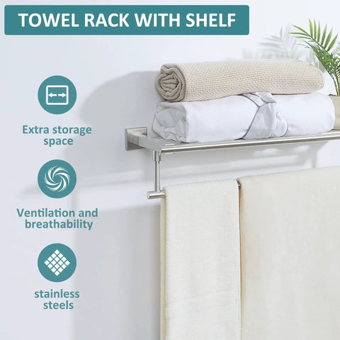 16 Inch Wall Mounted Towel Rack With Tower Bars In Brushed Nickel, SUS 304 Stainless Steel Bathroom Shelf, with folded towels and decor.