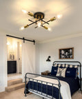 Five Light Dope Farmhouse Semi Flush Mount Ceiling Light Fixture With E26 Base Modern Matte Black And Gold Sputnik Chandelier