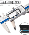 0.01mm Digital Caliper 150mm 6 Inch Stainless Steel with LCD display and measurement readings in fractions, mm, and inches.