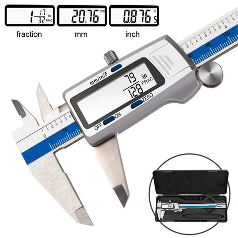0.01mm Digital Caliper 150mm 6 Inch Stainless Steel with LCD display and measurement readings in fractions, mm, and inches.
