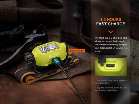 WH23R Dual Beam Work Headlamp With Spotlight And Floodlight, USB-C charging cable connected, battery indicators visible