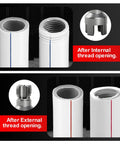 Two Piece Pipe Threading Tool Kit For Water Pipes With Half Inch And Three Quarter Inch Internal And External Threaders Alloy Steel Construction Drill Compatible Grab And Go DIY Plumbing Solution For Home And Pro Projects showing threaded pipes
