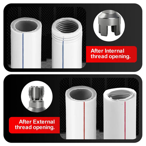 Two Piece Pipe Threading Tool Kit For Water Pipes With Half Inch And Three Quarter Inch Internal And External Threaders Alloy Steel Construction Drill Compatible Grab And Go DIY Plumbing Solution For Home And Pro Projects showing threaded pipes