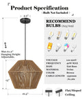 Handwoven Rattan Pendant Light With Woven Basket Shade hanging specifications; modern boho chandelier for dining room, max 61.2 in height.